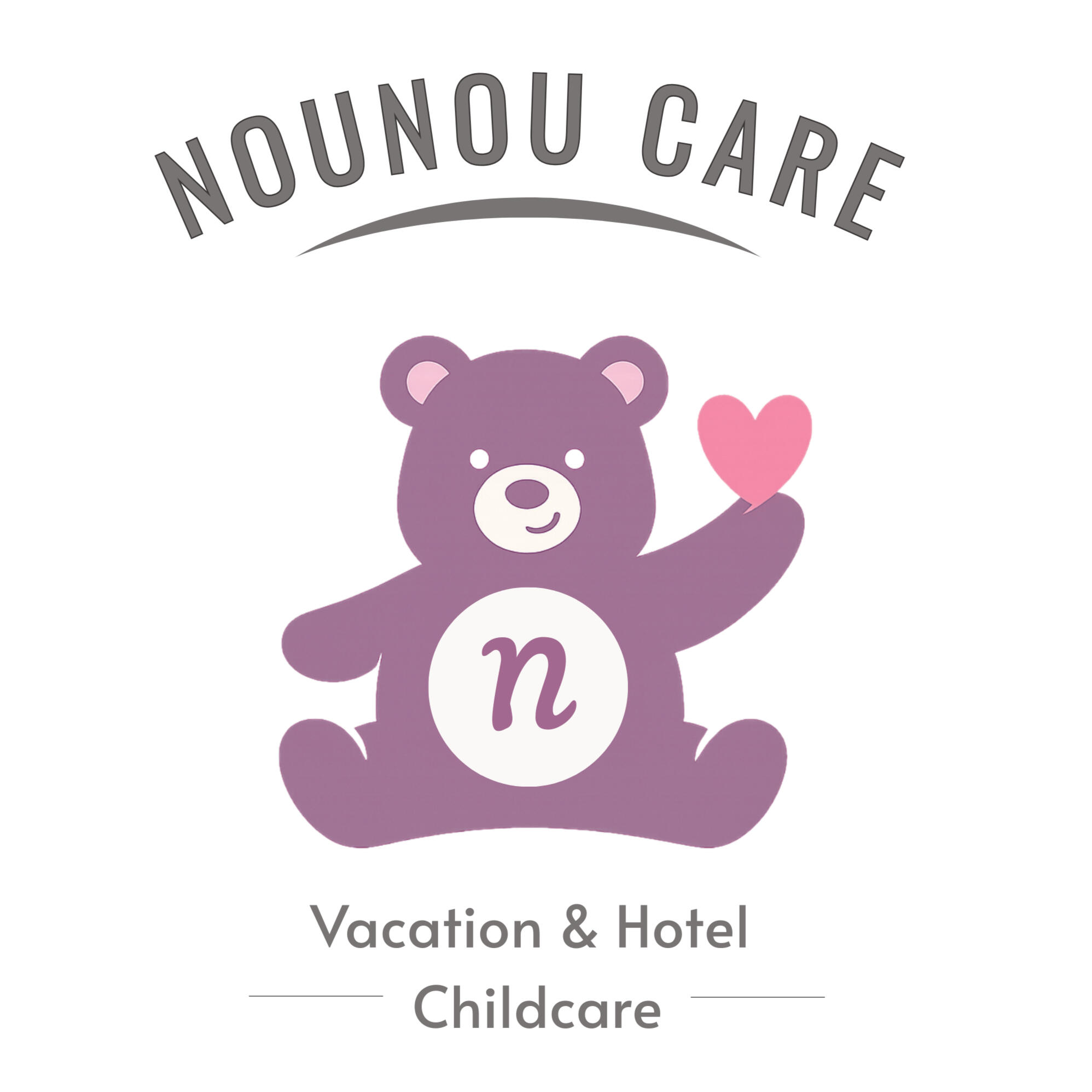 Teddy bear holding a heart with the text "Vacation & Hotel Childcare" below